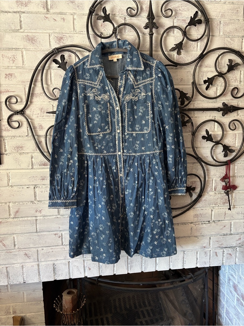 Listiele Indigo western Floral Mini Dress with White Embroidery Sz S